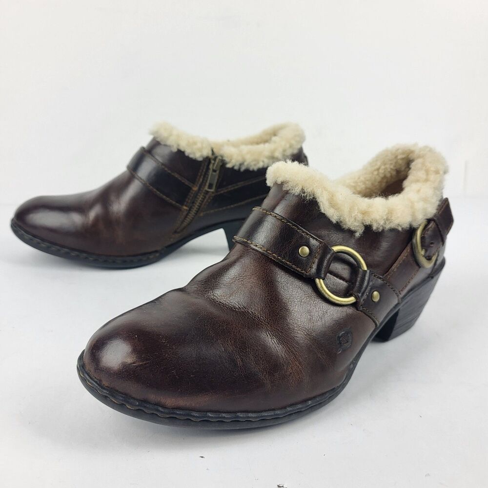 Born Cita Ankle Boot Leather Block Heel Sherpa Shearling Size 9M